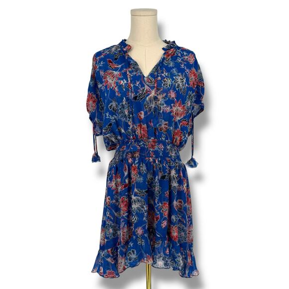 Misa Los Angeles Royal Blue Floral Print Chiffon Ruffle Mini Dress, Size L - Picture 1 of 8